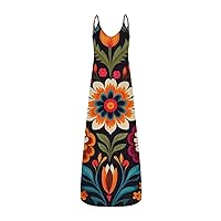 Summer Maxi Dress,Women's Maxi Dresses Summer Sleeveless Loose Colorful with Pocket Casual Long Sundress Plus Size