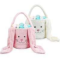 2 Pieces Easter Bunny Basket Pink and White Plush Easter Egg Hunting Baskets with Long Plush Ear Easter Bucket Bags for Kids Girls Gift Candy Easter Decorations