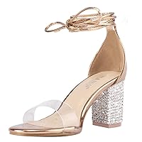 LALA IKAI Women’s Gold High Heels Sandals with Rhinestone Ankle Strappy Clear Chunky Heels Dress Party Pumps Shoes