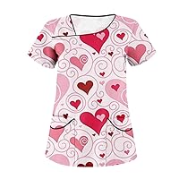 Valentine Shirts for Women Short Sleeve with Pockets Blouses Tops Heart Printed Valentines Plus Size Tops for Women DC20