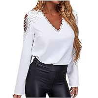 Women Lace Hollow Out Long Sleeve Fashion Chiffon Tops Summer Sexy V Neck Dressy Casual Loose Fit Plain Blouses