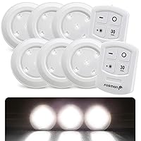 Fosmon Wireless LED Puck Light 6 Pack with Remote Control, Under Cabinet Lighting [5 Daylight White LED, Wide Floodlight Tap Style, 30-Minute Timer, Battery Operated] for Kitchen Closet Pantry Counter