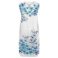 Womens Summer Dresses Ladies Dress Loose Sleeveless Printed Midi Dress Loose Waist Apron(Sky Blue-2,3X-Large)