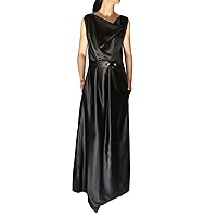 Women Solid Satin Cowl Neckline with Belted Adjustable Gold/Silver Buttons Hidden Pockets Detailed Evening Dress