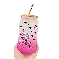 Frosted Glass Cups with Bamboo Lid And Straw 16 Oz Birth Flower Glass Can Coffee Cup with Name Cute Customized Mother Day Gifts Tumbler for Iced Coffee Birthday Women Girlfriend Gifts