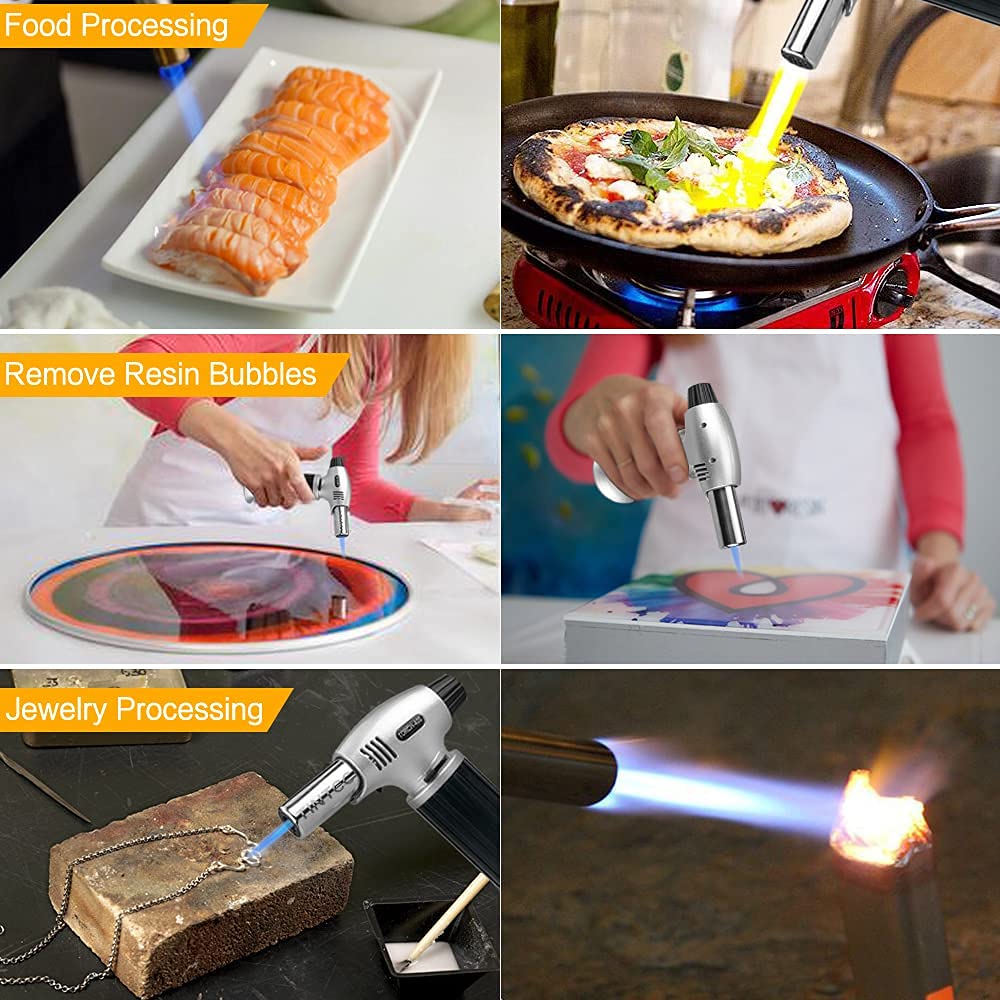 Culinary Blow Torch, Tintec Chef Cooking Torch Lighter, Butane Refillable, Flame Adjustable (MAX 2500°F) with Safety Lock for Cooking, BBQ, Baking, Brulee, Creme, DIY Soldering & more (Aluminum alloy)