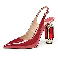 Women Chunky Heels Pumps Crystal Block Heels with Rhinestones Pointed Toe Sexy Gradient Patent Leather Slip on Bridal Party Wedding Dress Shoes 5-13 M US