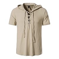 Men's Cotton Linen Hooded Shirt Short Sleeve V-Neck Drawstring Hoodies T-Shirts Lightweight Hippie Yoga Tee Tops