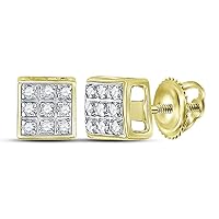 The Diamond Deal 10kt Yellow Gold Mens Round Diamond Square Cluster Stud Earrings 1/20 Cttw