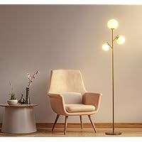 3 Globe Gold Mid Century Floor Lamp, Modern Standing Lamp with Frosted Glass Shade & 3pcs Warm White LED Bulbs, Contemporary Tall Tree Lamp for Living Room, Bedroom - Antique Brass