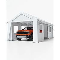 Carport 13'x20' Heavy Duty Portable Garage, 1.0 mm Steel Poles & 180 g PE Waterproof Canopy, with Front & Rear Doors, 2 Side Doors, and 4 Windows, for Pickup Truck, and Boat, White