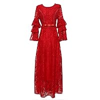 Ms.Round Neck Dress Bow Pin Bead Long Skirt Pair Lace Dress