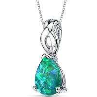 PEORA Created Green Opal Pendant Necklace 925 Sterling Silver, Elegant Teardrop Solitaire, 1.75 Carats Pear Shape 10x7mm with 18 inch Chain