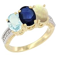 10K Yellow Gold Natural Aquamarine, Blue Sapphire & Opal Ring 3-Stone Oval 7x5 mm, Sizes 5-10