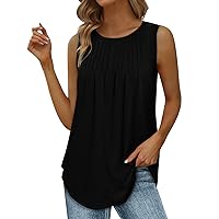 Womens 2024 Fashion Tank Tops Summer Casual Loose Fit Pleated Shirt with Lotus Leaf Hem Flowy Clothes Sleeveless Tops