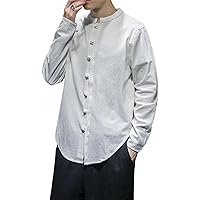 Linen Shirts Men Clothing Chinese Style Long Sleeve Retro Buttoned Shirt Solid Color Stand-Up Collar Loose Tops