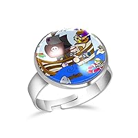 Cartoon Pirate Nautical Ship Parrot Shark Adjustable Rings for Women Girls, Stainless Steel Open Finger Rings Jewelry Gifts