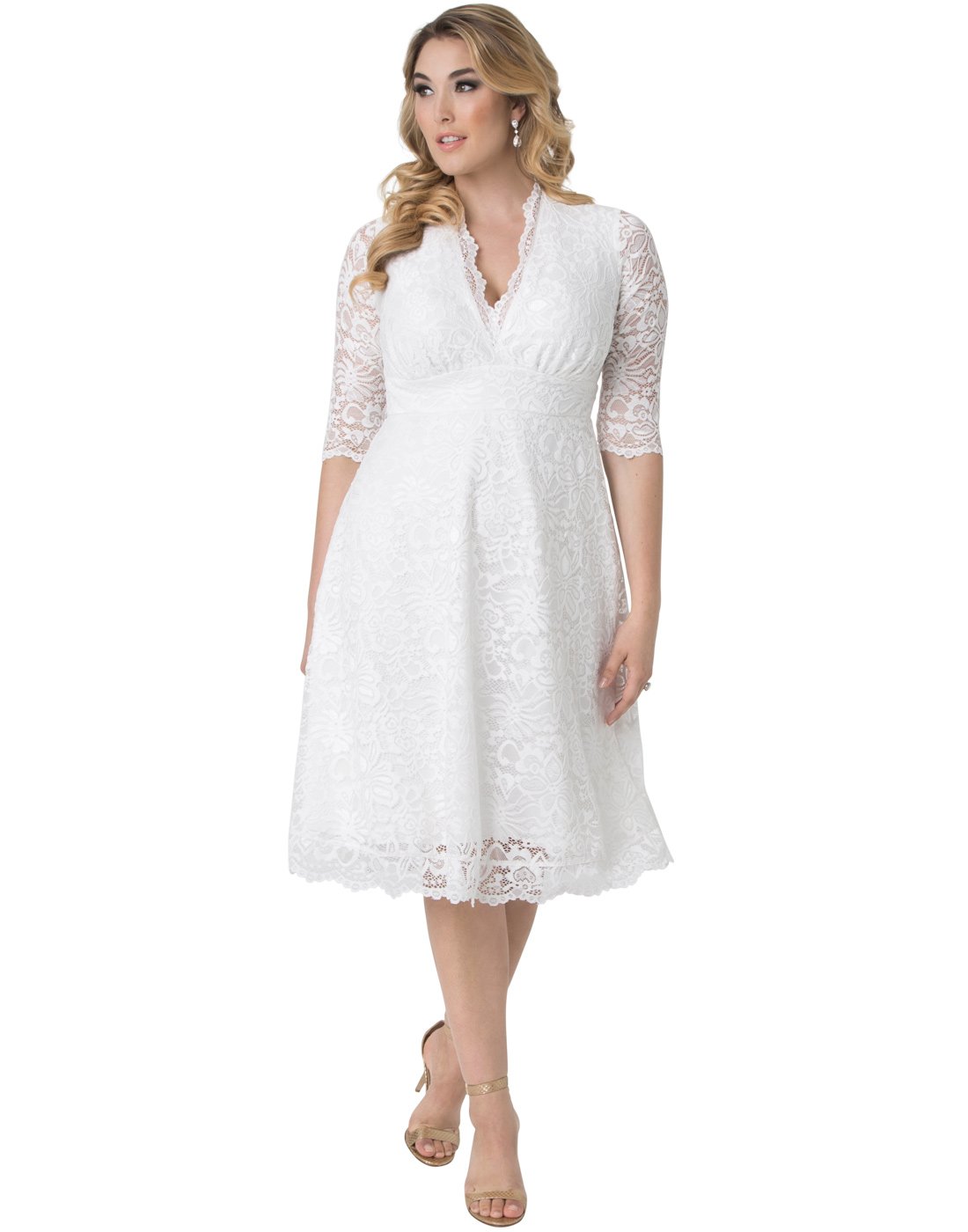 Kiyonna Women's Plus Size Belle Midi Lace Dress, Formal White Lace Dress for Bridal Shower, Cocktail Party