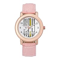 American Yellow Flag 911 Dispatchers Womens Watch Round Printed Dial Pink Leather Band Fashion Wrist Watches