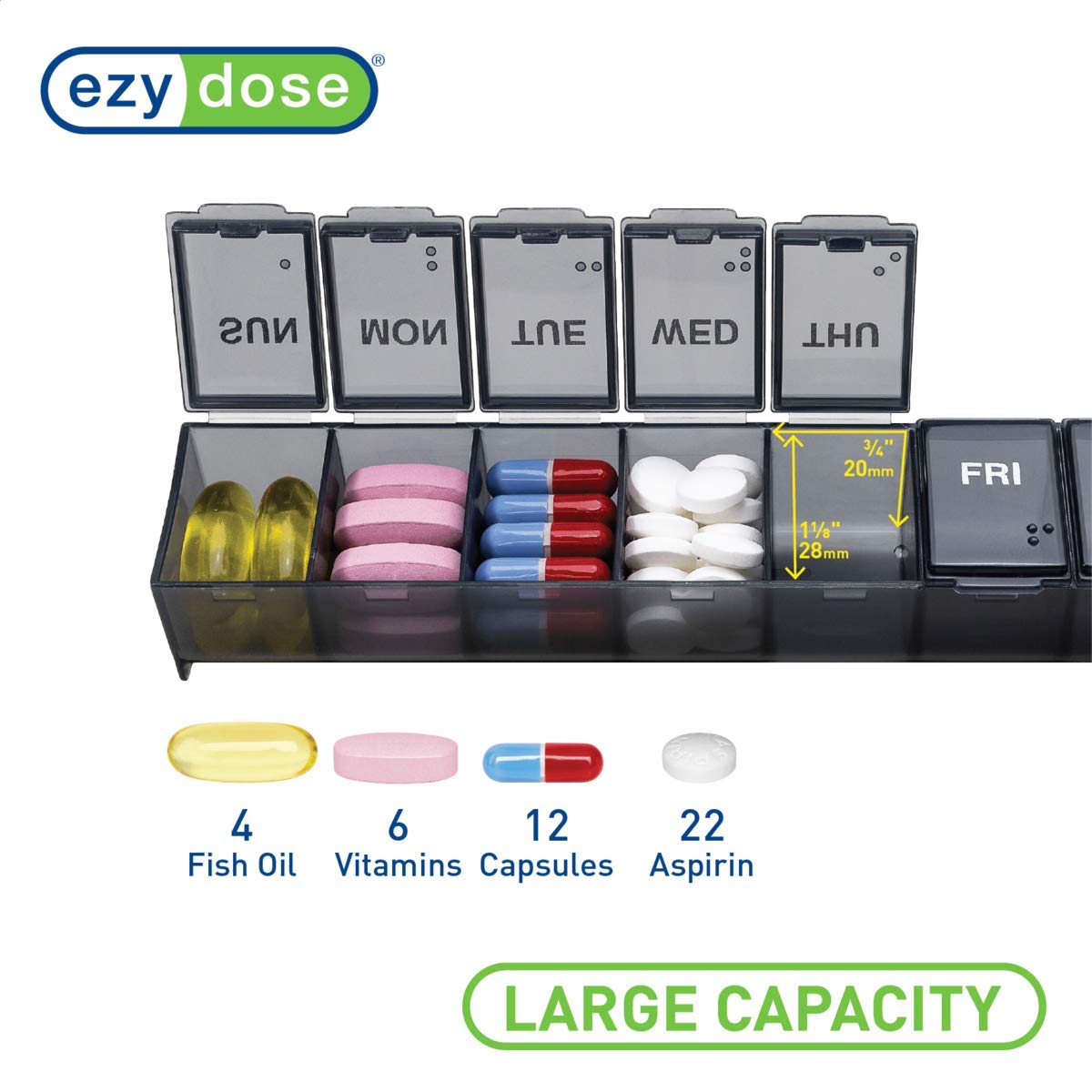EZY DOSE Weekly (7-Day) Pill Organizer, Vitamin Planner, And Medicine Box, Large Compartments, Black, Made in The USA