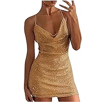 Glitter Dress Womens Ruched Sleeveless Cocktail Club Bodycon Cami Dresses Spaghetti Strap Solid Fit Party Prom Short Sundress
