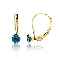 14K Solid Yellow Gold 6mm Round Natural London Blue Birthstone Leverback Earrings For Women