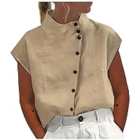 Women's Button Down Shirts Casual Solid Color Cotton Linen Standing Collar Short Sleeved Shirt Basic Shirts, S-2XL