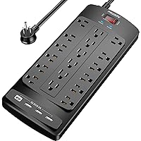 18 Outlets Surge Protector Power Strip - 6 Feet Flat Plug Heavy Duty Extension Cord with 18 Widely Outlets and 4 USB Ports, 2100 Joules, Black, ETL Listed