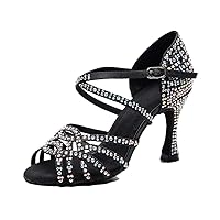 Women's Flared Heel Satin Rhinestones Cut-out Rumba Samba Tango Latin Dance Shoes Wedding Praty Sandals