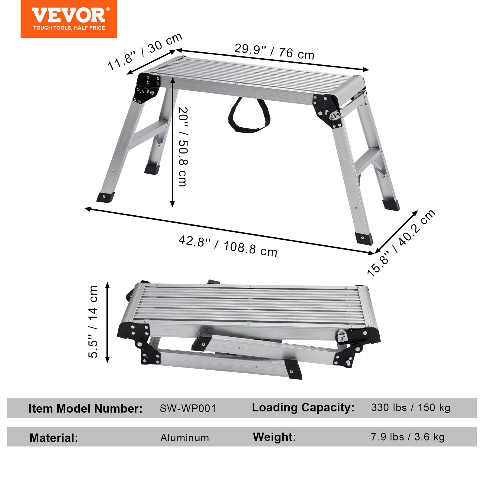 VEVOR Folding Work Platform, 30x12x20 Inch Aluminum Drywall Stool Ladder, 330 lbs Load Capacity Heavy Duty Work Bench w/Non-Slip Feet, Ideal for Washing Vehicles, Cleaning, Painting, Decorating