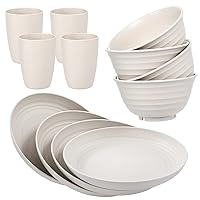 Wwyybfk 12pcs Wheat Straw Dinnerware Sets, Wheat Straw Plates and Bowls Sets for 4 Microwave Dishwasher Safe Lightweight Beige