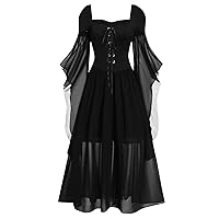 Women's Plus Size Halloween Dress Cold Shoulder Dress Solid Color Lace Butterfly Sleeve Gothic Dress Dress, S-3XL
