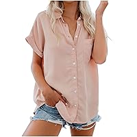 Blouses for Women Dressy Casual Solid Color Summer Short Sleeve Turndown Collar Button-Down Slim-Fit Shirt with Pocket
