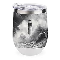 Lighthouse Nautical Ocean Wave Seascape 12 Oz Wine Tumbler with Lid Double Wall Travel Mugs Stainless Steel Wine Glasses for Cold & Hot Drinks