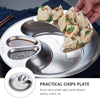 DOITOOL Stainless Steel Dumpling Plate with Sauce Compartment Serving Plate with Sauce Holder Chips and Salsa Plate Japanese Plate Dip Serving Plate with Sauce Divider Sauce Dish