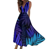 Sundresses for Women 2024 Summer Deep V Neck Sleeveless Fashion Maxi Dresses Floral Print Boho Beach Dress