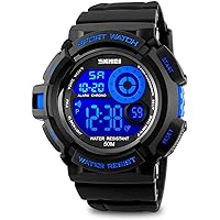 Mens Sport Running Watch, Digital Electronic 50M Waterproof Military Army Sports LED Wristwatch Water Resistant with Stopwatch Unique Dial 7 Color Changeable Backlight - Blue