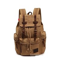 koolehaoda Vintage Canvas Backpack Leather Rucksack Knapsack Unisex Casual Backpack 15.6-inch Laptop Backpack Hiking Bag (Khaki-M)