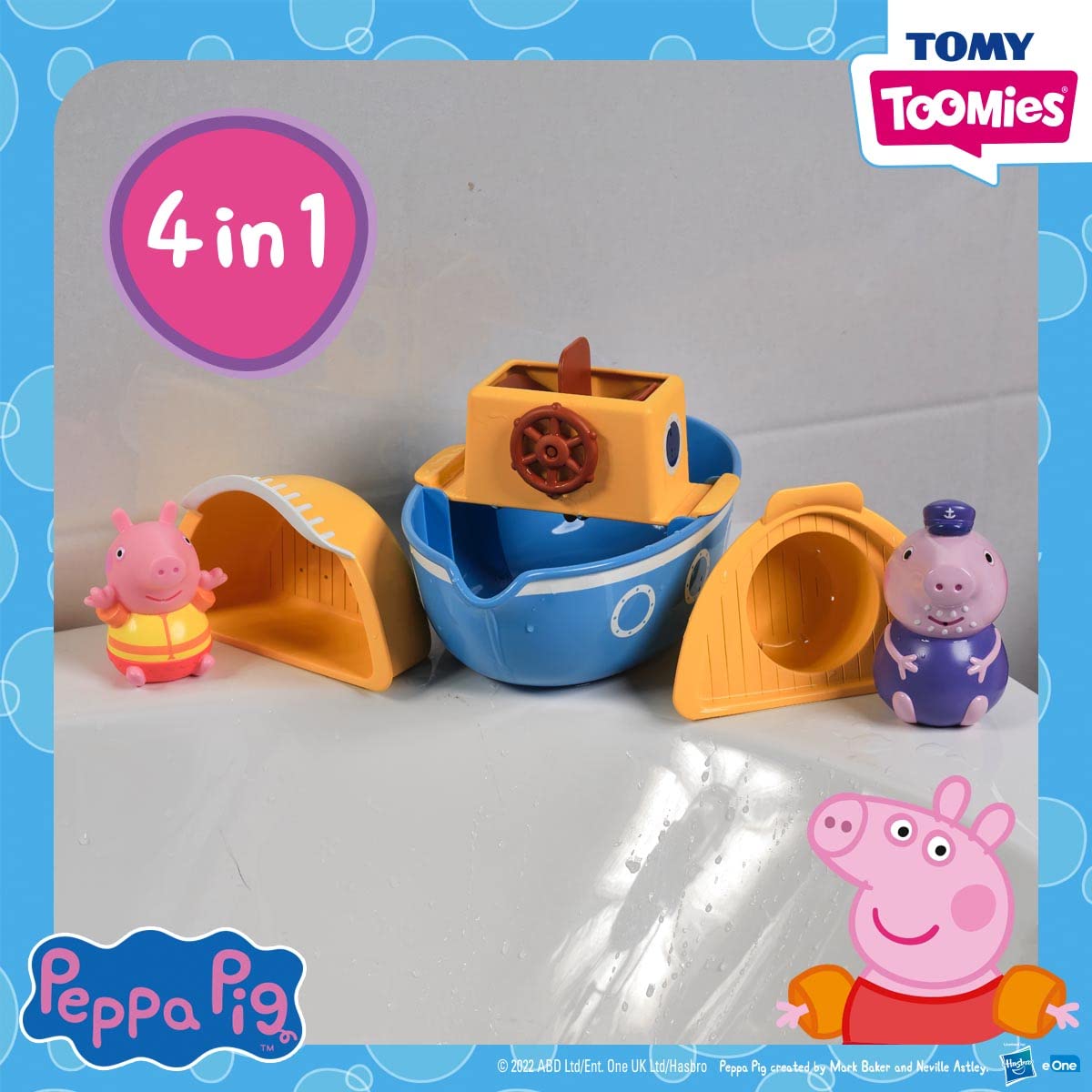 Tomy E73414 Grandpa Pig’s Splash & Pour Boat from Toomies – 4-in-1 Bath Time Peppa Pig Toy with Removable Water Sprinklers and Spinning Paddle Wheelhouse