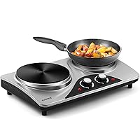 Double Hot Plate, CUSIMAX 1800W Double Burners Portable Electric Stove, Electric Hot Plate for Cooking, Countertop Burner with Dual Adjustable Temperature, Compatible for All Cookwares, Sliver