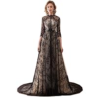 Women's Elegant Lace Long Sleeve Floor Length Evening Dress 3/4 Sleeve Prom Gown A021 Black