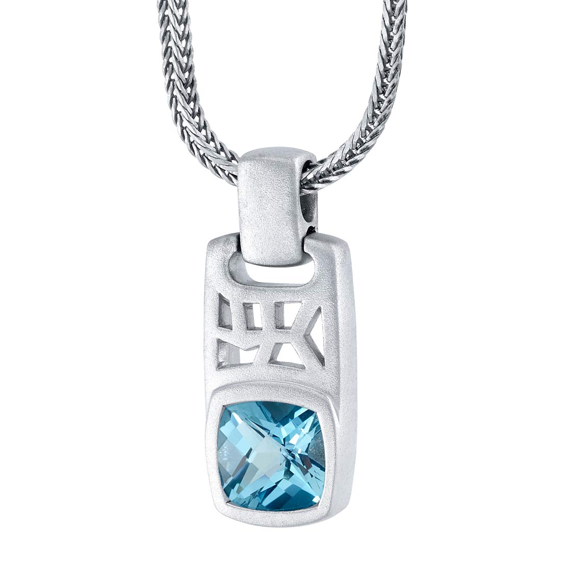 Peora London Blue Topaz Tag Pendant Necklace for Men in Sterling Silver,3.50 Carats Cushion Cut, Brushed Finished, with 22-Inch Italian Chain