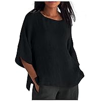 Womens Summer Tops 2023,Casual Solid Summer Tops for Women 2023 Trendy Half Sleeve Oneck Linen Plus Size Womens Tops