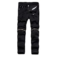 Andongnywell Men's Moto Biker Ripped Jeans Distressed Skinny Slim Fit Denim Pants Trousers with Zippers