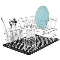 Black Kitchen Sink Countertop 2 Tier Dish Rack and Draining Board Cutlery Holder, Fits Large Plates, Dry & Drip Tray, Full Mesh