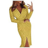 Summer Dresses for Women 2024 Maxi Formal,Women Sexy Dresses Deep V Sequins Wrap Ruched Long Sleeve Formal Dres