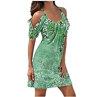 Womens Cold Shoulder Dresses Short Sleeve Sexy Summer Dress Floral Print Casual Plus Size Swing T-Shirt Dresses
