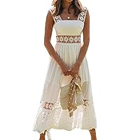 Flygo Women's Boho Lace Maxi Dress Backless Square Neck Swing Party Beach Dresses