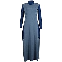Andongnywell Women Cowl Neck Long Sleeve Maxi Dress Loose Turtleneck A-Line Dresses Patchwork High Neck Tunic Dress