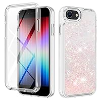 Compatible with iPhone SE 2022/6/7/8/SE 2020 Case with Screen Protector, Glitter Liquid Floating Quicksand Flowing Bling Sparkle TPU Slim Protective Phone Cases for Girls Women Silver Pink Heart